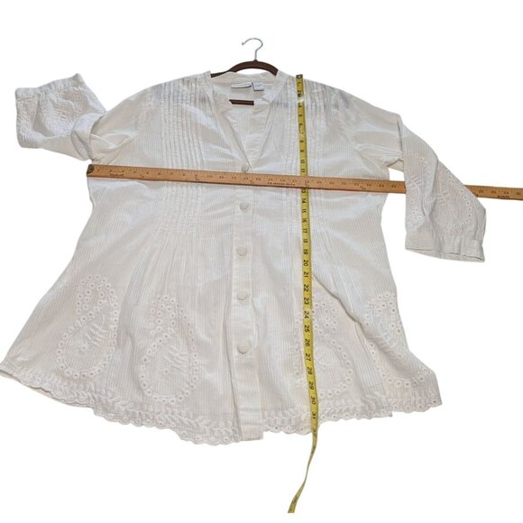 Soft Surroundings 1X White Pintuck Button Down Blouse Embroidered 3/4 Sleeves - Picture 7 of 13